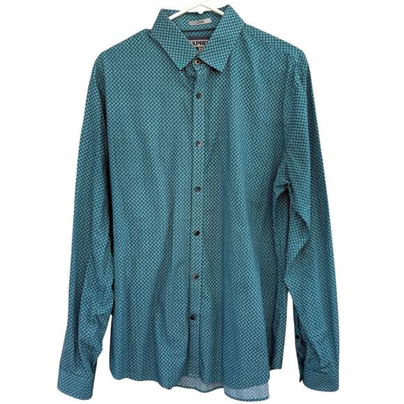 Express Other - Express Button Down Shirt Mens Sz Large Fitted Dress Shirt Blue White Geometric